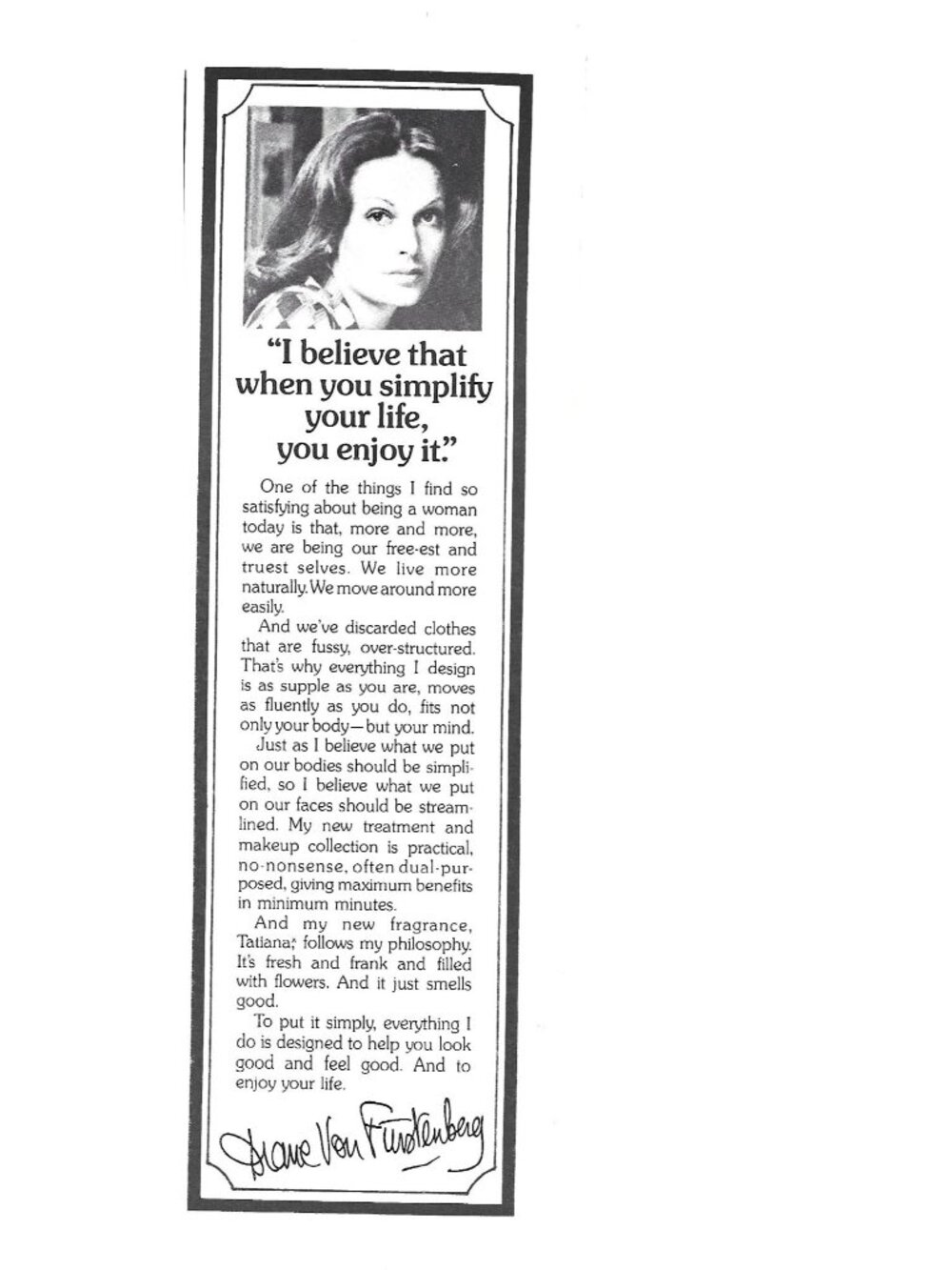 Print Ad Diane Von Furstenberg Simplifying Life Fragrance Tatiana 1970s Vintage